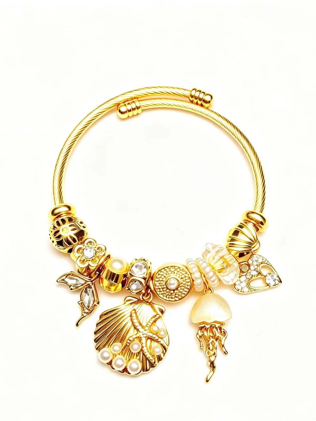 Gold Tone Shell Charm Bracelet for Women, Pearl Seashell Ocean Pendant Bangle, Beach Inspired Crystal Jewelry Gift for Her