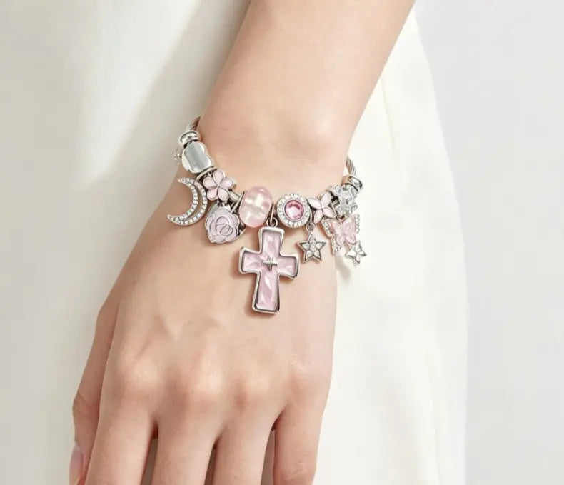 Pink Cross Charm Adjustable Cuff Bangle, Silver Plated Cable Wire Bracelet with Moon Star Butterfly Flower Crystal Charms, Religious Dainty Wrist Jewelry Gift for Women Teen Girls