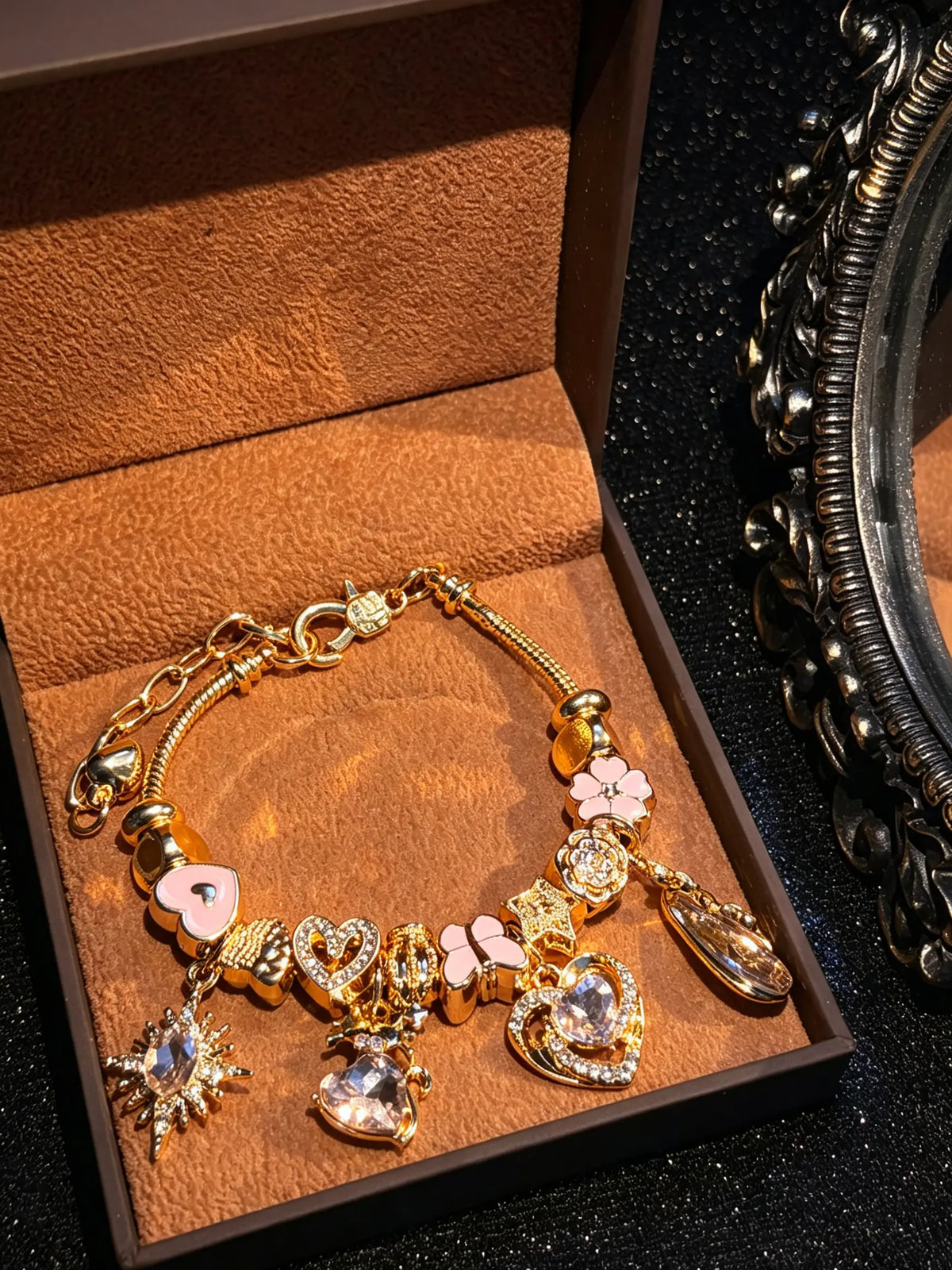 Women's Gold-Tone Adjustable Snake Chain Charm Bracelet - Pink Heart, Butterfly, Flower, Star Crystal Charms - Fashion Costume Jewelry Gift for Ladies