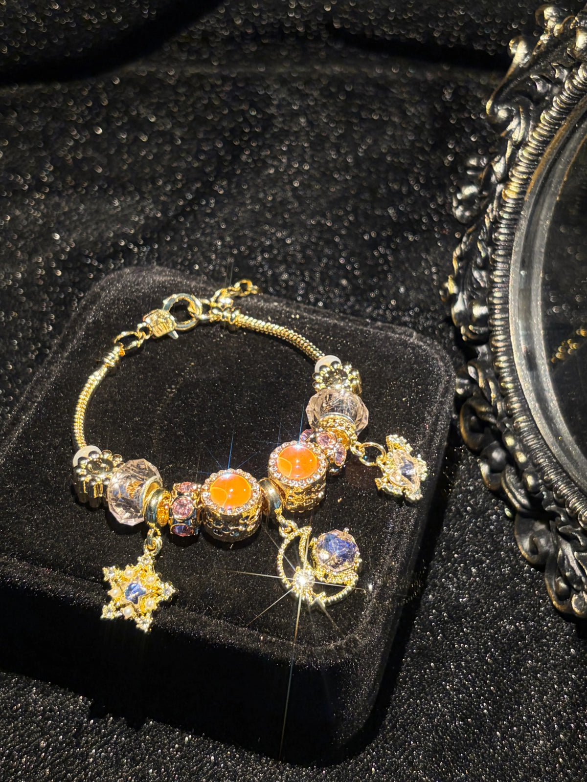 Gold Tone Moon Star Charm Bracelet, Sparkly Crystal Beads Dangle Bracelet for Women Jewelry Gift