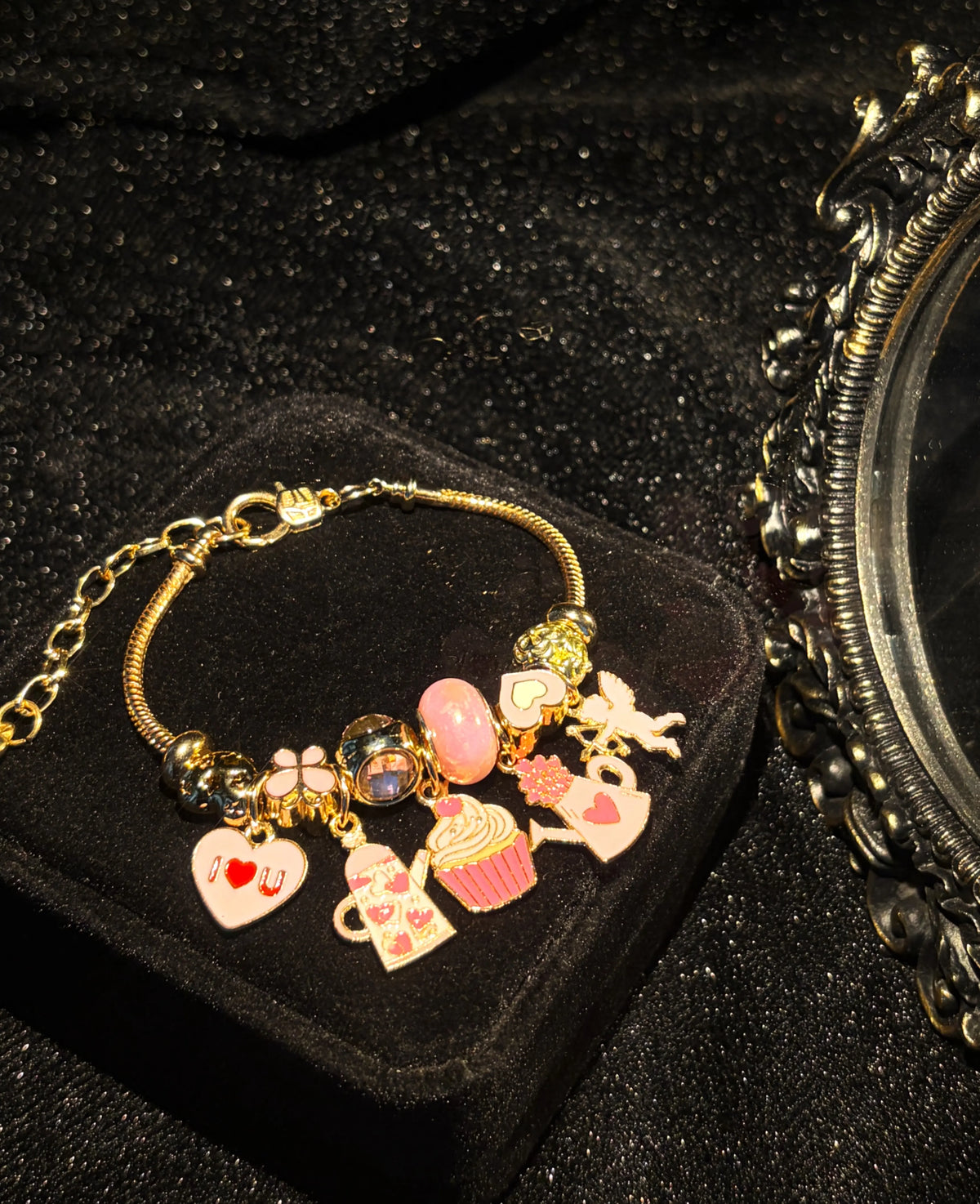 Women's Gold-Tone Charm Bracelet - Adjustable Costume Jewelry with Sweet Pink Cupcake, Teapot Beads & Romantic Heart Angel Pendant, Gift for Women
