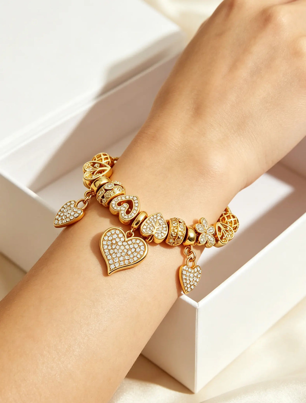 Women's 14K Gold-Plated Adjustable Length Snake Chain Bracelet - Gold Heart Crystal, Multi-Heart Charms, Clover Leaf Pave Diamond Jewelry for Women, Female Wear, Gift Idea Fashion Accessory