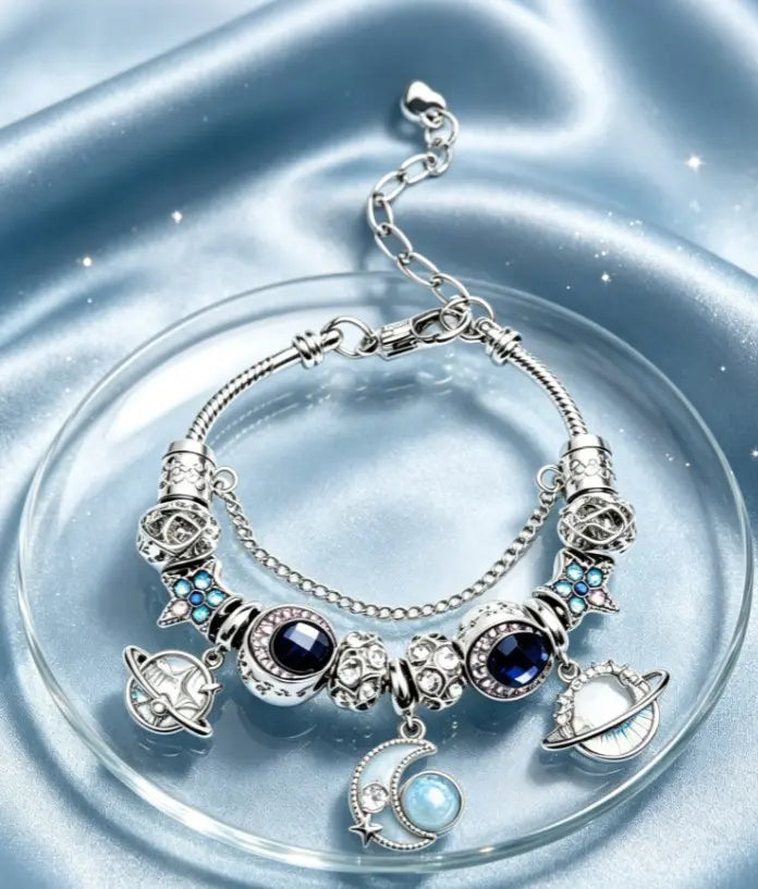 Cosmic Star Moon Planet Charm Bracelet, Silver Plated Adjustable Snake Chain Bracelet with Dark Blue Crystal Beads, Saturn Planet & Crescent Moon Pendant, Celestial Space Jewelry Gift for Women Teen Girls