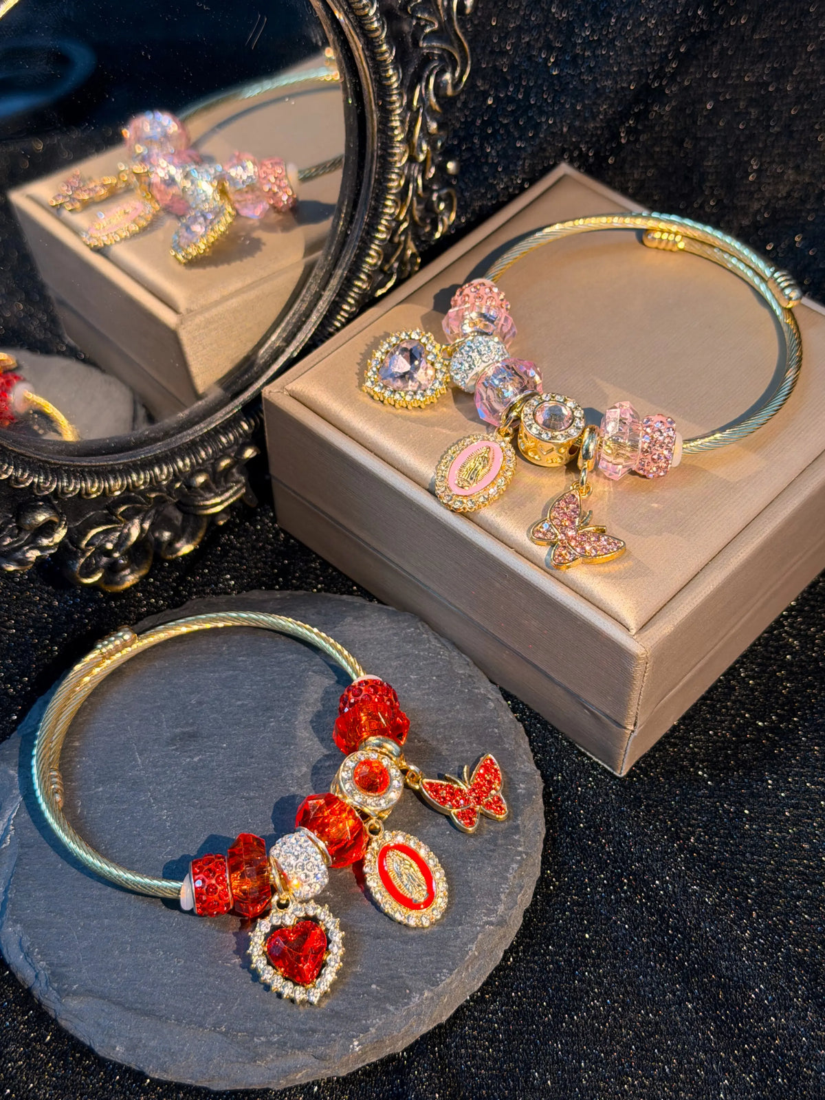 Women's Gold-Tone Virgin Mary Butterfly Heart Charm Adjustable Wire Cuff Bangle - Open Bracelet with Sparkling Crystal Beads-Pink, Red, Religious Costume Jewelry Gift