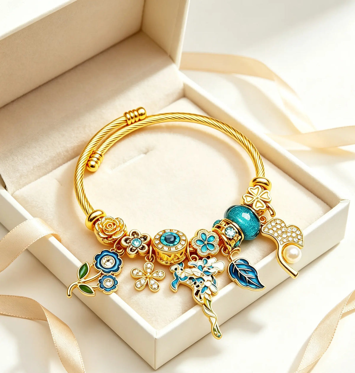 Gold Adjustable Cable Wire Charm Bangle Bracelet, Enamel Blue Flower Leaf Pearl Crystal Beaded Bracelet, Vintage Floral Jewelry Gift for Women