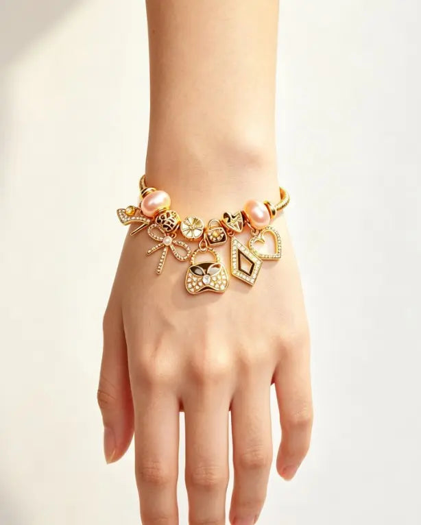 Gold Snake Chain Charm Bracelet for Women, Dainty Pink Pearl Beads Bracelet with High Heel, Bow, Handbag, Heart Diamond Crystal Charms, Adjustable Extension Link Jewelry Gift for Girls