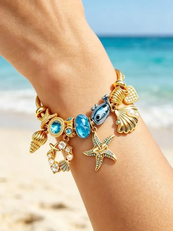 Ocean Theme Gold Cable Wire Cuff Bracelet, Adjustable Open Bangle with Starfish, Seashell, Dolphin, Blue Crystal Pearl Charms, Summer Beach Vacation Jewelry Gift for Women Girls