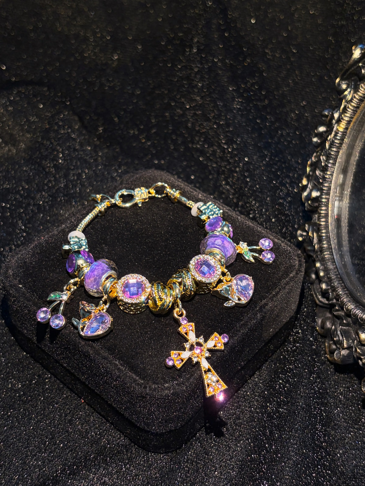 Women's Purple Cross Gold-Tone Snake Chain Bracelet with Rhinestone Beads, Stackable Costume Jewelry Accessory