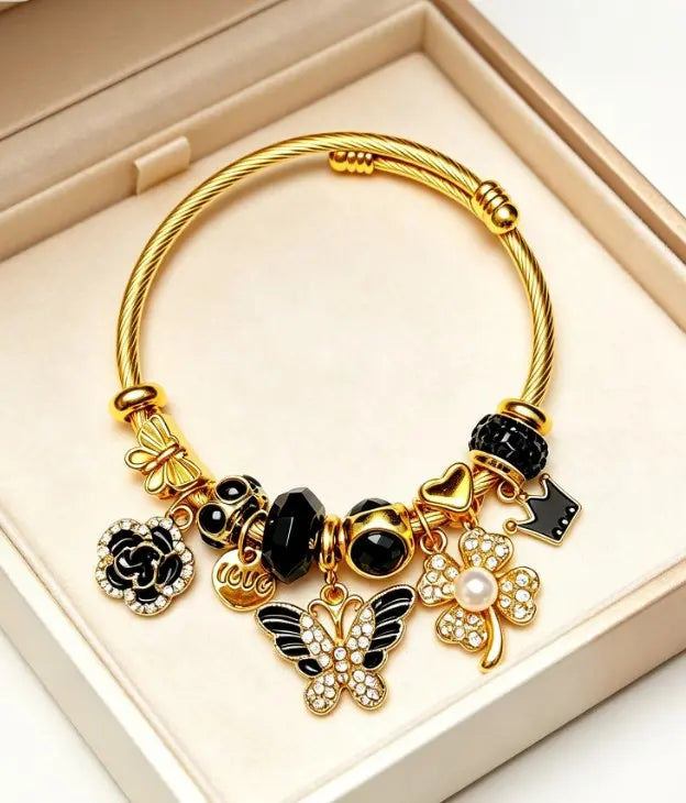 Tone Gold Twisted Wire Open Bangle Black Butterfly Clover Pearl Rhinestone Enamel Charm Bracelet Women Luxury Black Gold Jewelry Gift