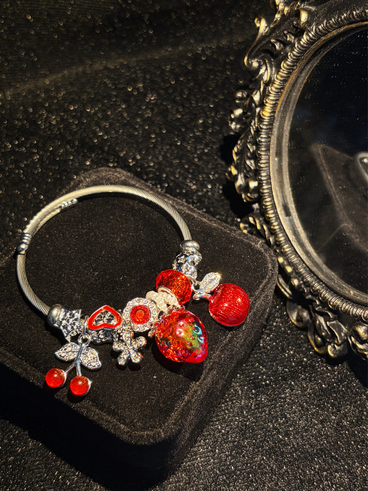 Women's Silver-Tone Adjustable Open Cuff Wire Bracelet with Strawberry Cherry Red Fruit Heart Charms, Fashion Costume Jewelry for Daily Wear and Gifting
