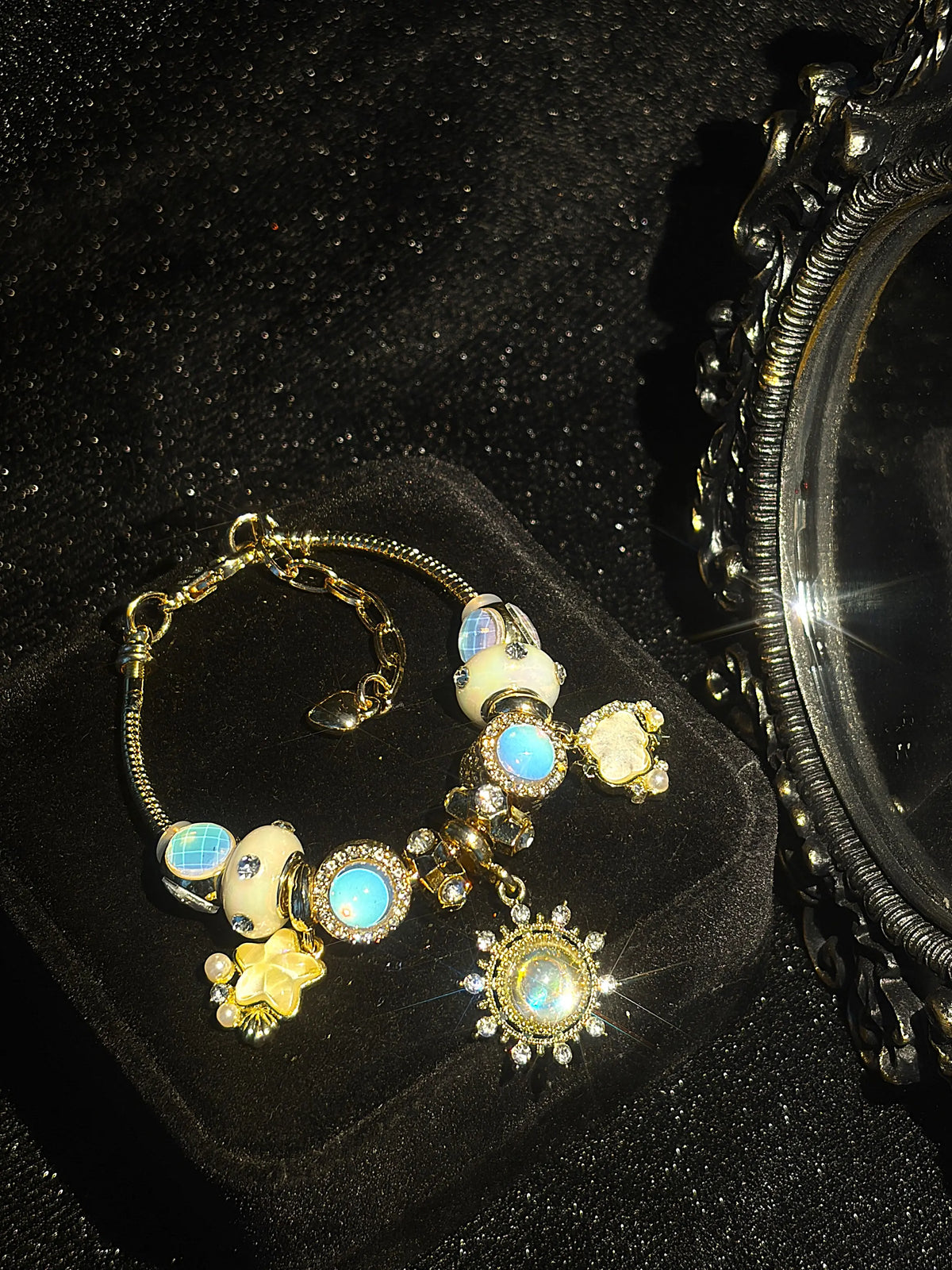 Women's Gold-Tone Beaded Bracelet with Dreamy Moonlight Sun Charm, Iridescent Glass Beads and Star Cloud Dangle Charm