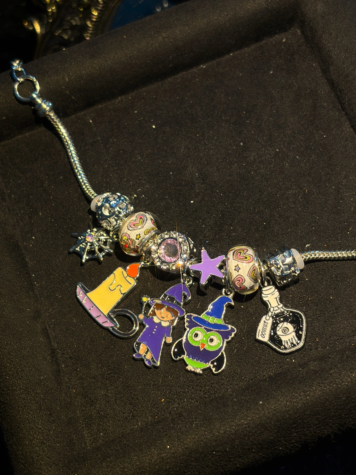 Silver Tone Halloween Magic Theme Charm Bracelet, Adjustable Snake Chain With Witch Owl Candle Crystal Ball Dangle Charms, Color Printed Glass Beads Rhinestone Spacer Beads, Stackable Cute Festival Jewelry, Party Cosplay Accessory for Women Teen Girls