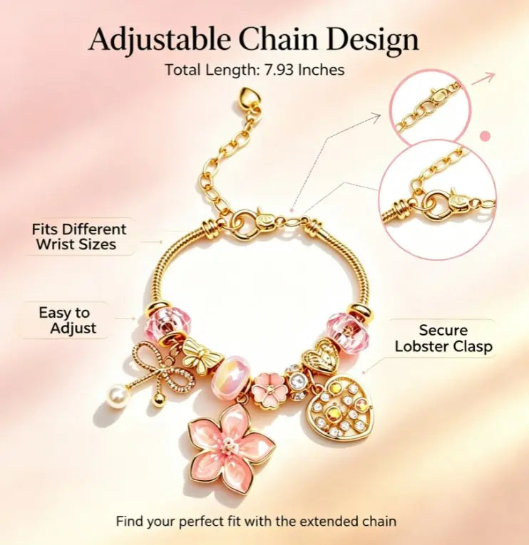 Gold Snake Chain Beaded Bracelet, Pink Flower Enamel Charm Bracelet with Pink Crystal Pearl Rhinestone, Fashion Jewelry Gift for Women