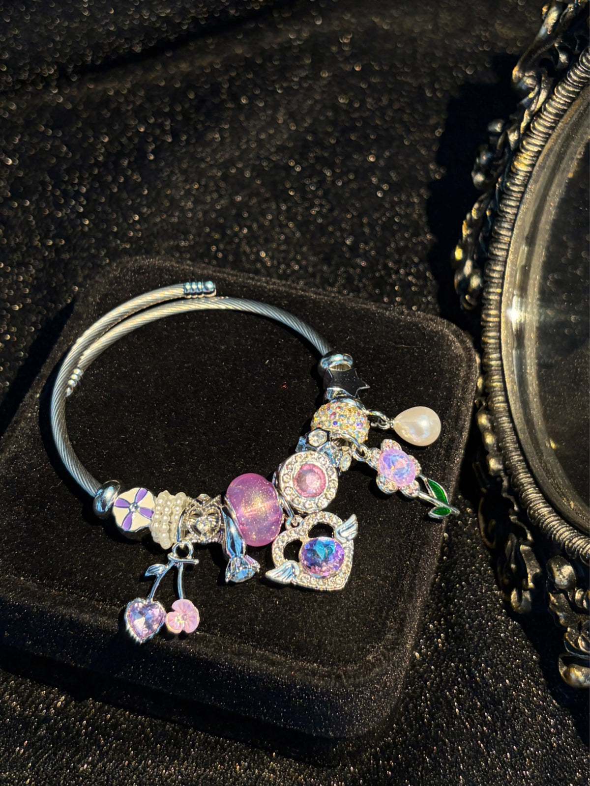 Women's Silver-Tone Open Cuff Bangle Bracelet - Dreamy Pink-Purple Crystal, Flower, Heart, Pearl Charms - Stackable Costume Jewelry Gift