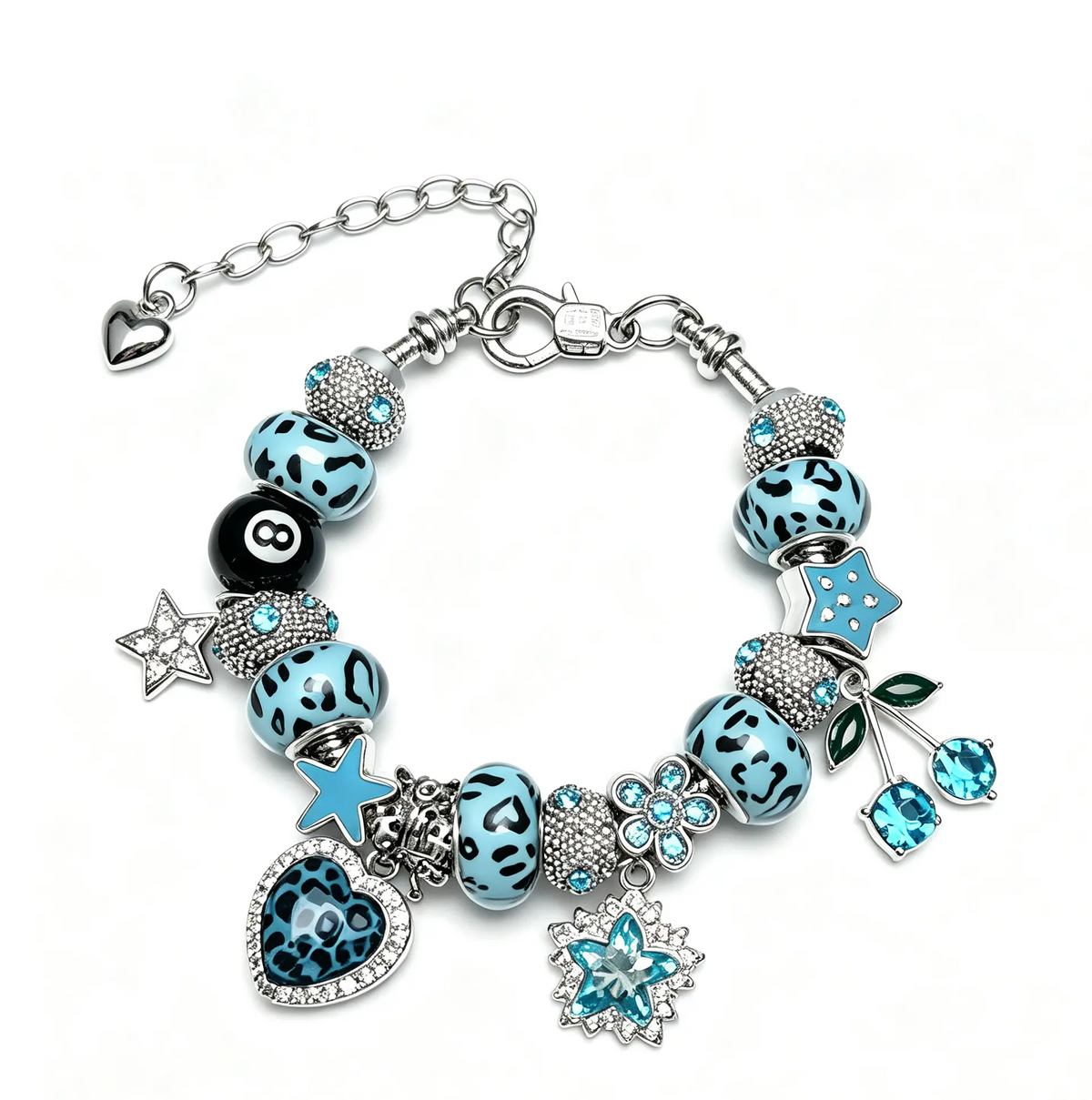 Viral Leopard Charm Bracelet (Pink/Blue) – 8-Ball, Cherry & Heart Pendants | Adjustable Silver Chain Gift for Her