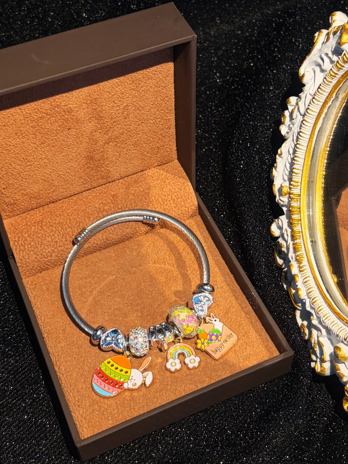 Open Wire Bangle Bracelet, Cute Bunny Egg Rainbow Enamel Dangle Charms, Colorful Statement Holiday Jewelry Gift for Women