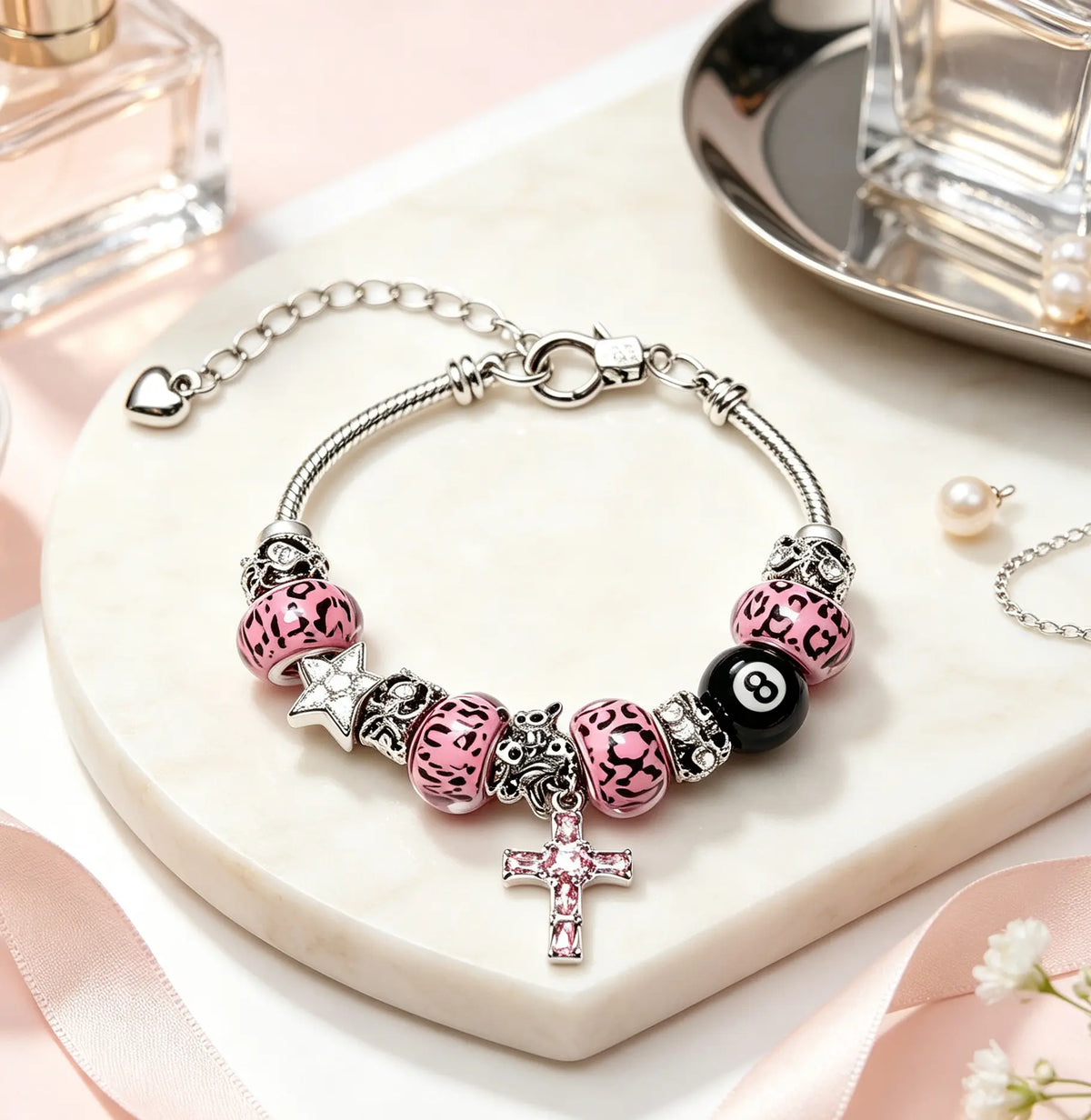 Pink Leopard Print Beaded Charm Bracelet, Black 8 Ball & Pink Crystal Cross Dangle Snake Chain Bracelet