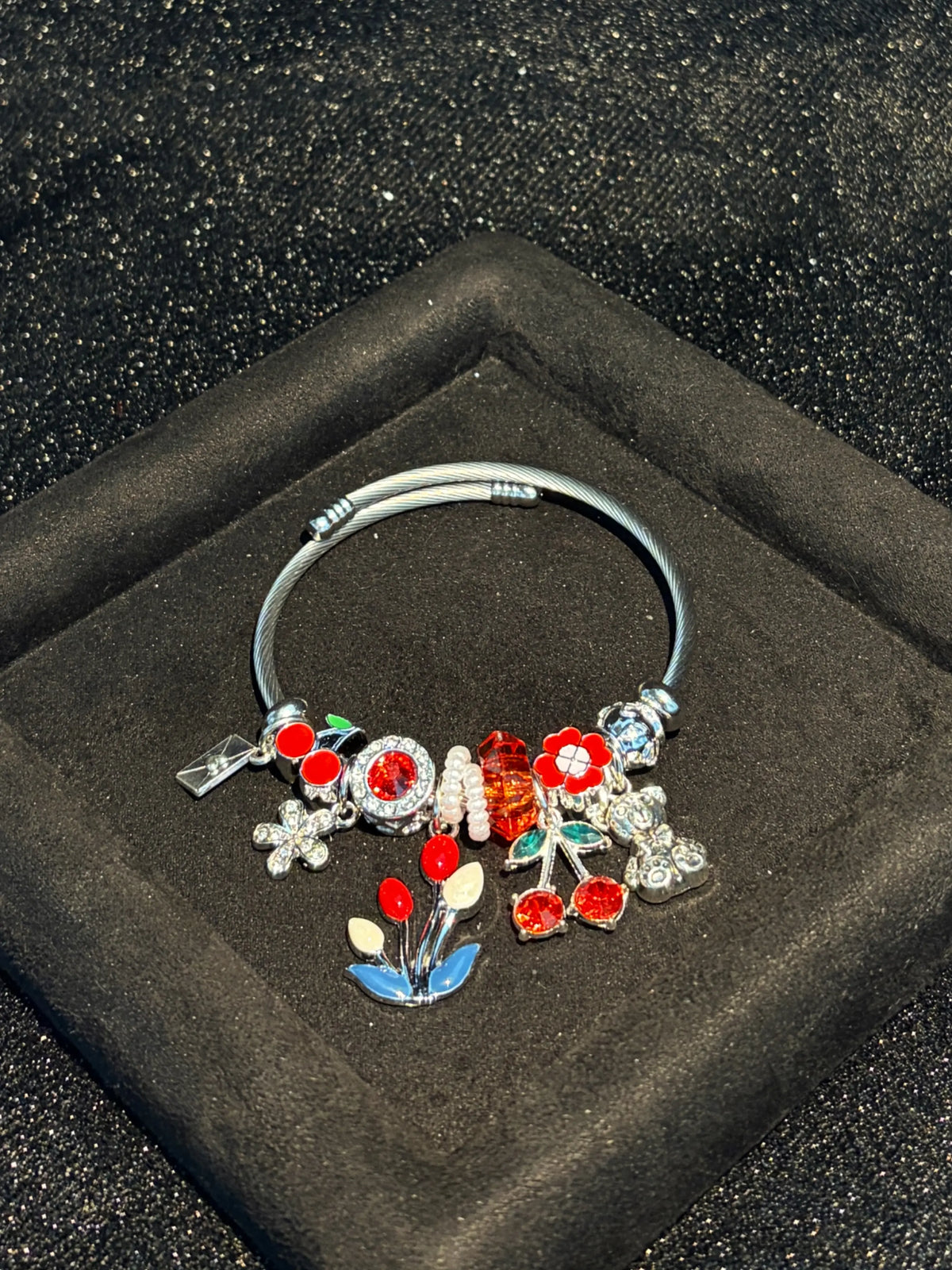 Open Bangle Bracelet, Cherry Tulip Flower Bear Enamel & Sparkling Crystal Dangle Charms, Cute Colorful Statement Jewelry Gift for Women