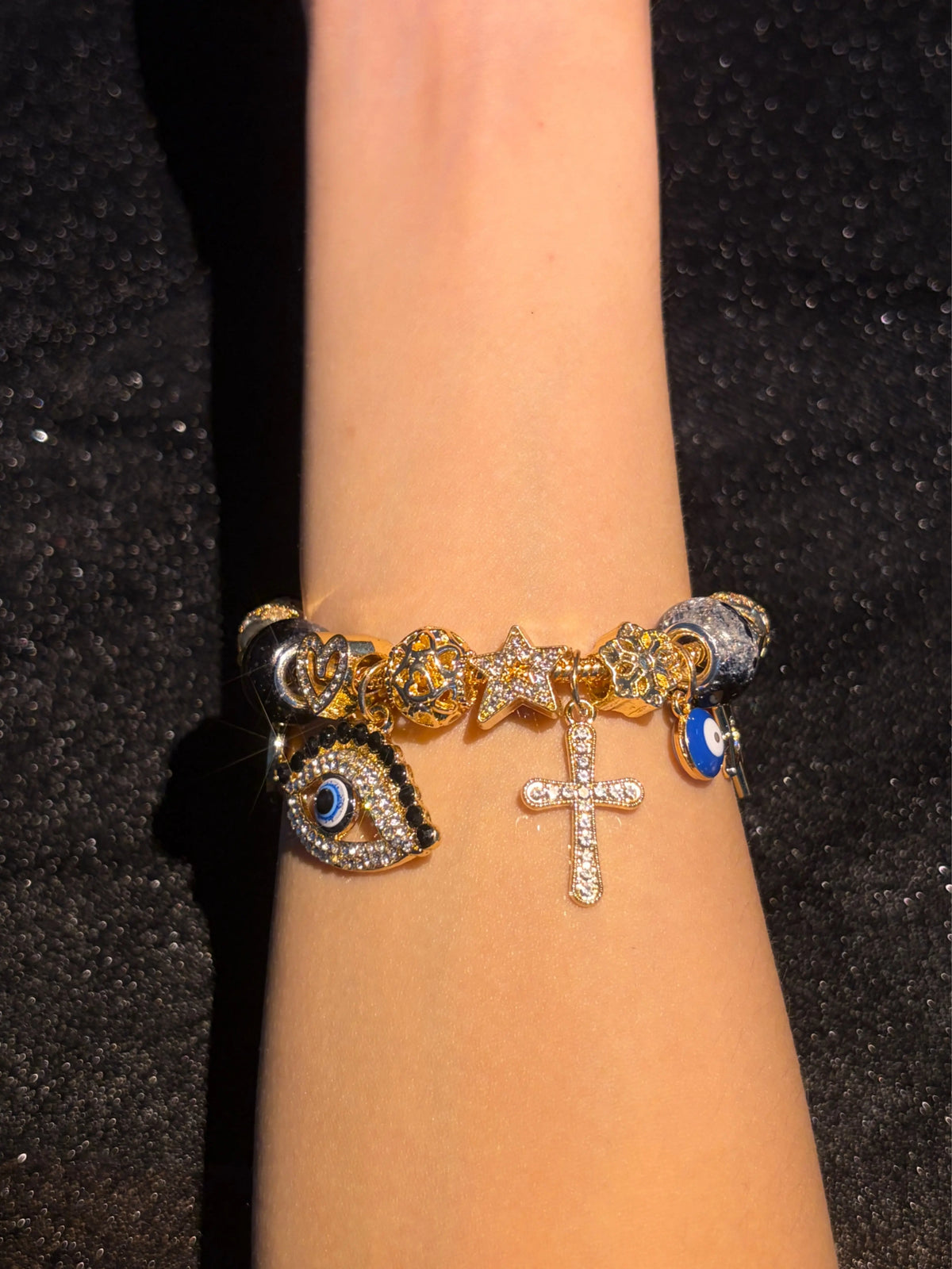 Women's Lucky Evil Eye Charm Bracelet - Gold-Tone Adjustable Extension Chain, Cubic Zirconia Cross Star Heart Charms, Stackable Layering Beaded, Boho Protection Jewelry, Ideal Birthday Holiday Gift for Teen Girls