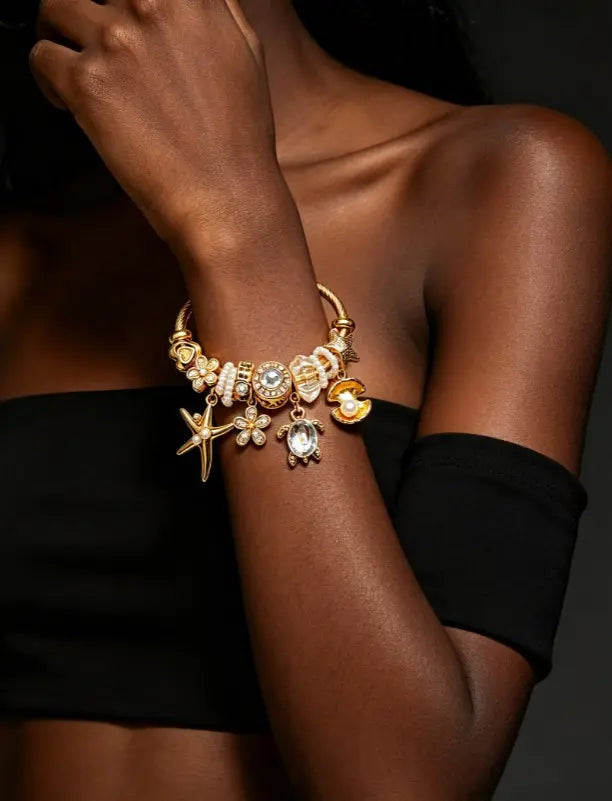 Gold Tone Ocean Theme Cable Wire Charm Bracelet, Starfish, Turtle, Shell, Flower Crystal Pearl Dangle Bangle, Adjustable Open Cuff Beach Jewelry Gift for Women Girls