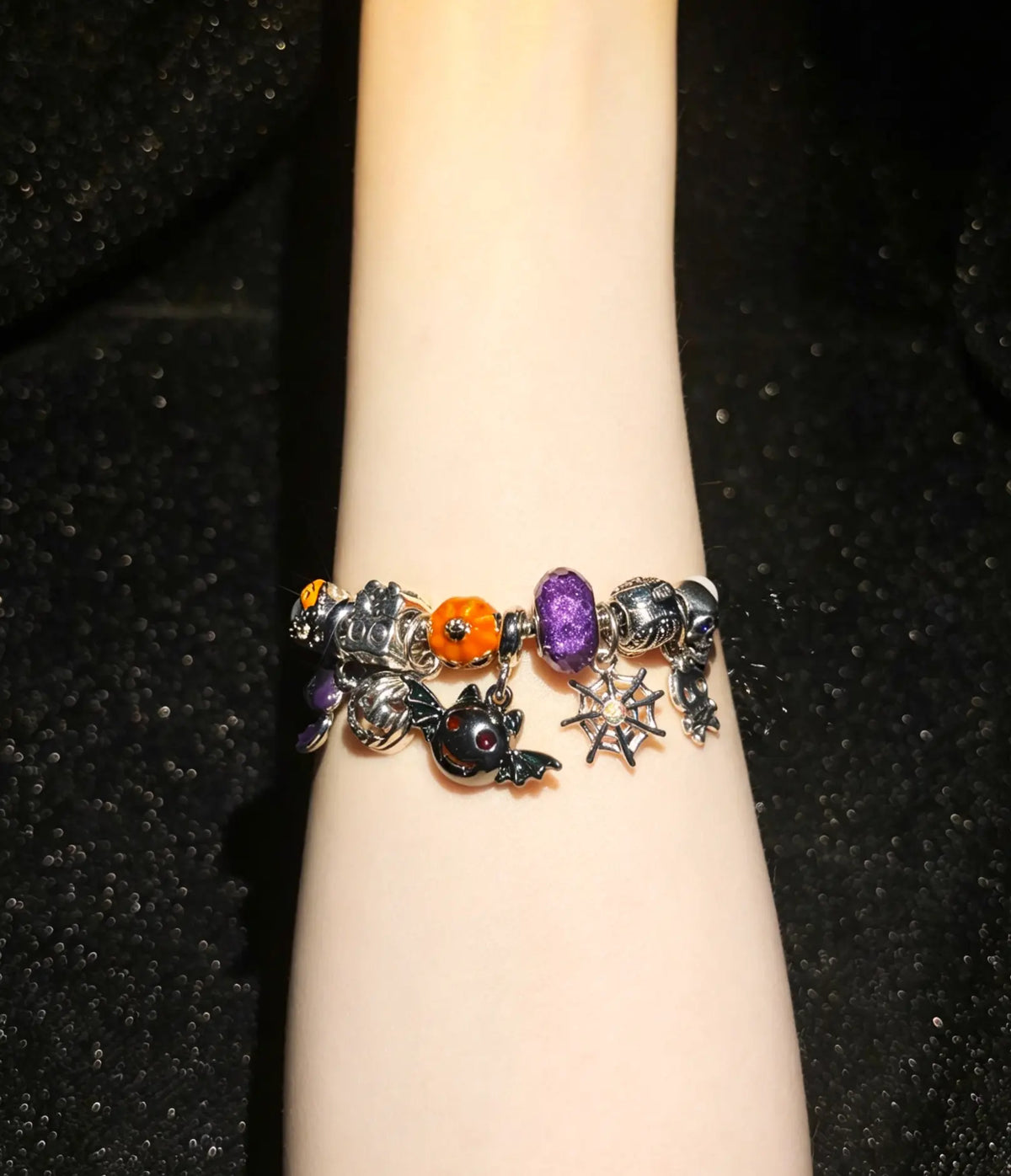 Silver Stackable Enamel Snake Chain Bracelet with Halloween Multi-Charm Decor - Pumpkin, Spider Web, Bat, Skull - Fashion Costume Jewelry Gift for Holiday