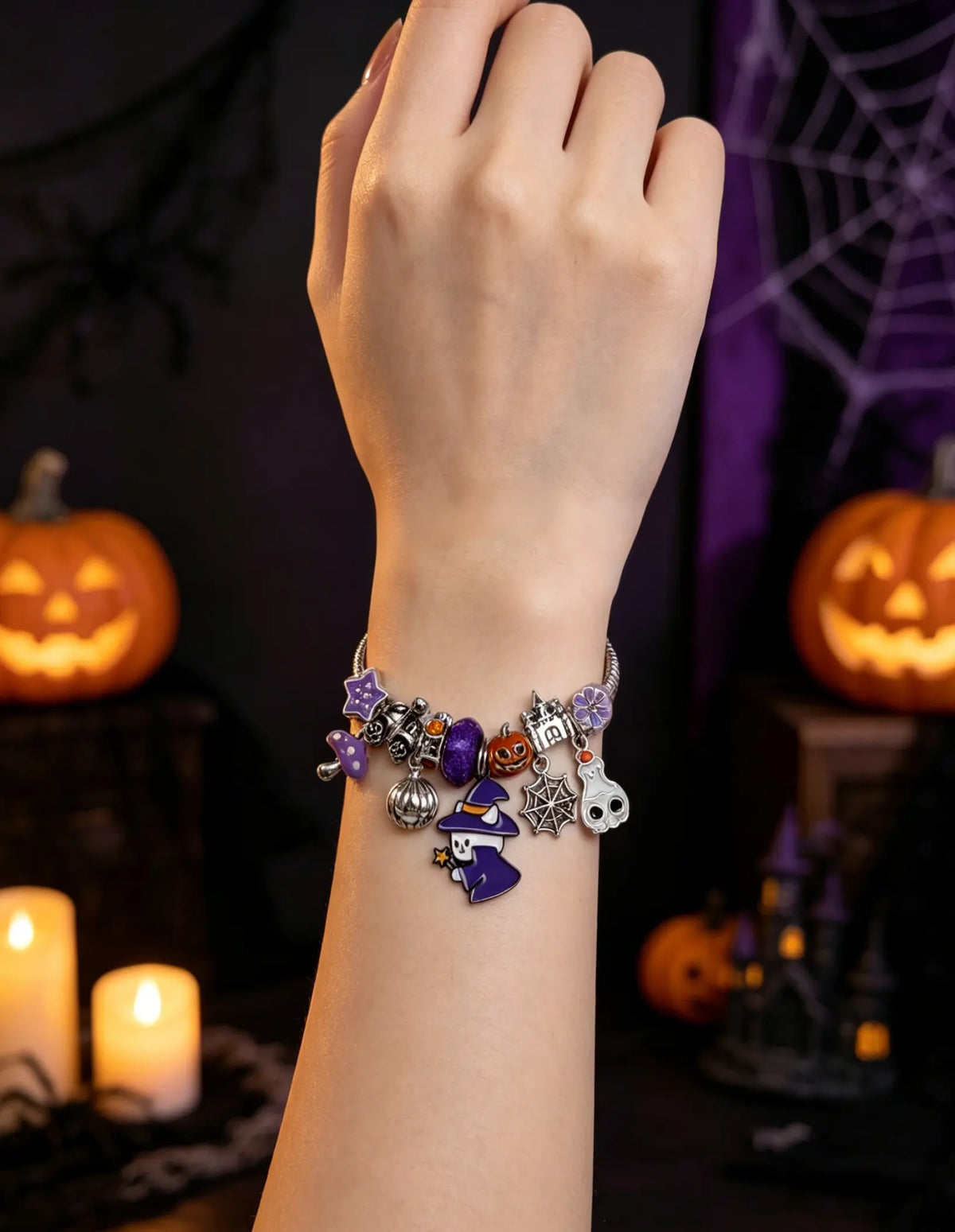 Halloween Witch Cat Charm Bracelet, Adjustable Silver Snake Chain Bangle with Pumpkin Ghost Spider Web Castle Purple Beads, Spooky Holiday Jewelry Gift for Women Teen Girls