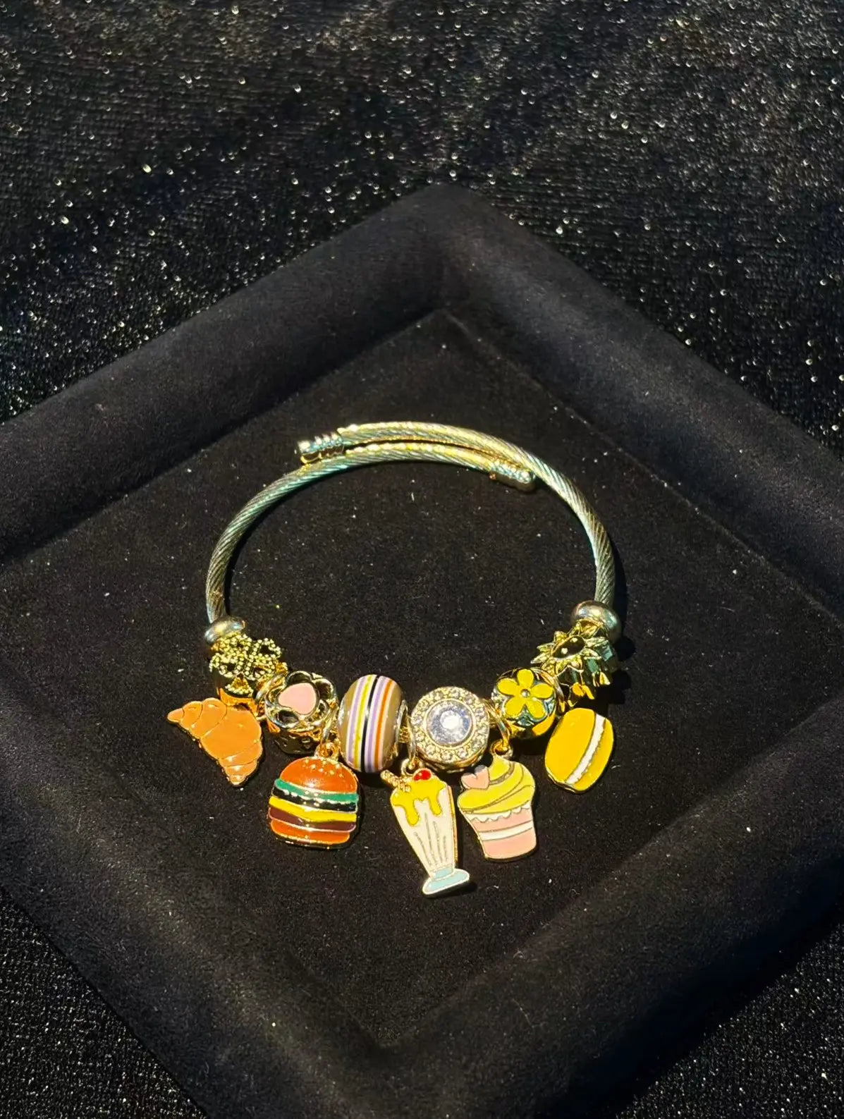 Women's Gold-Tone Open Cuff Bangle with Cute Food Pendant, Adjustable Stackable Costume Jewelry for Gifting