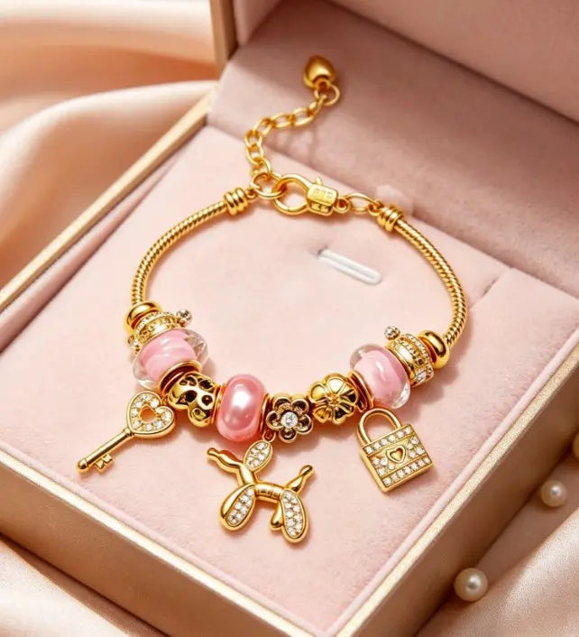 Pink Pearl Balloon Dog Charm Bracelet, Shiny Golden Snake Chain Beaded Bracelet with Lock Key Flower Pendant, Elegant Women Jewelry Gift Box Packed