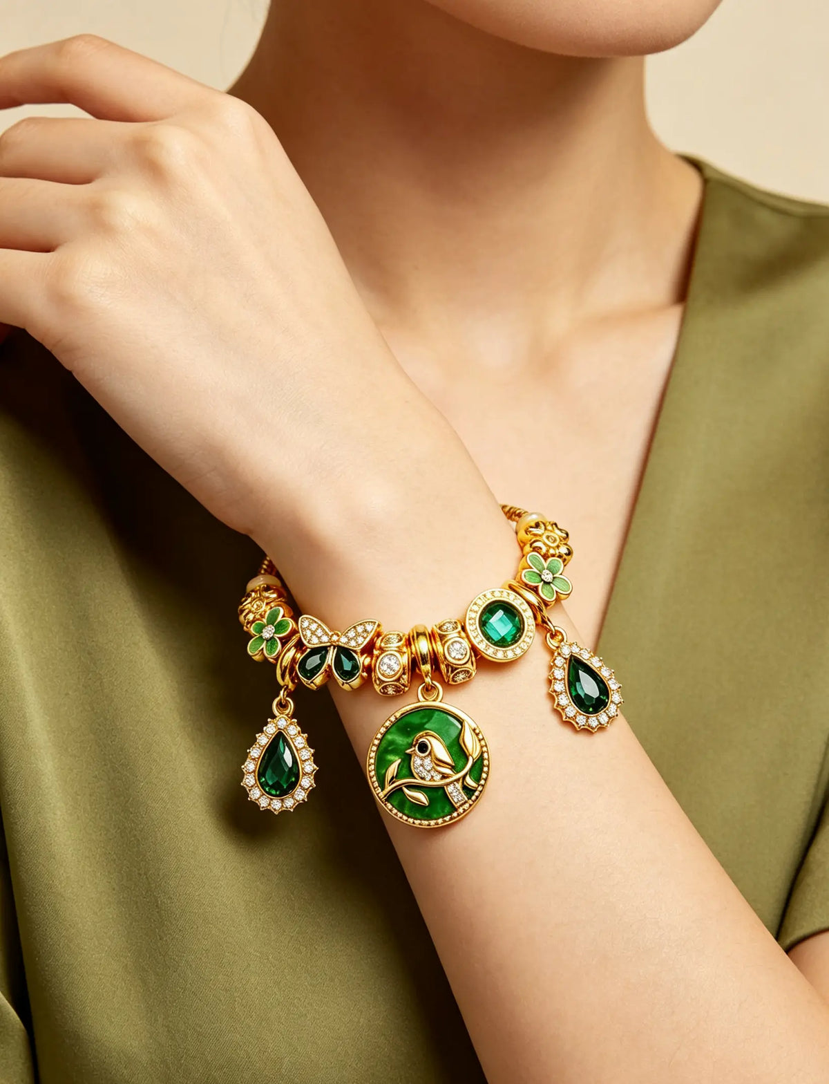 Vintage Green Enamel Bird Charm Bracelet, Gold-Tone Snake Chain with Floral & Teardrop Zircon Beads, Adjustable Fashion Jewelry for Women