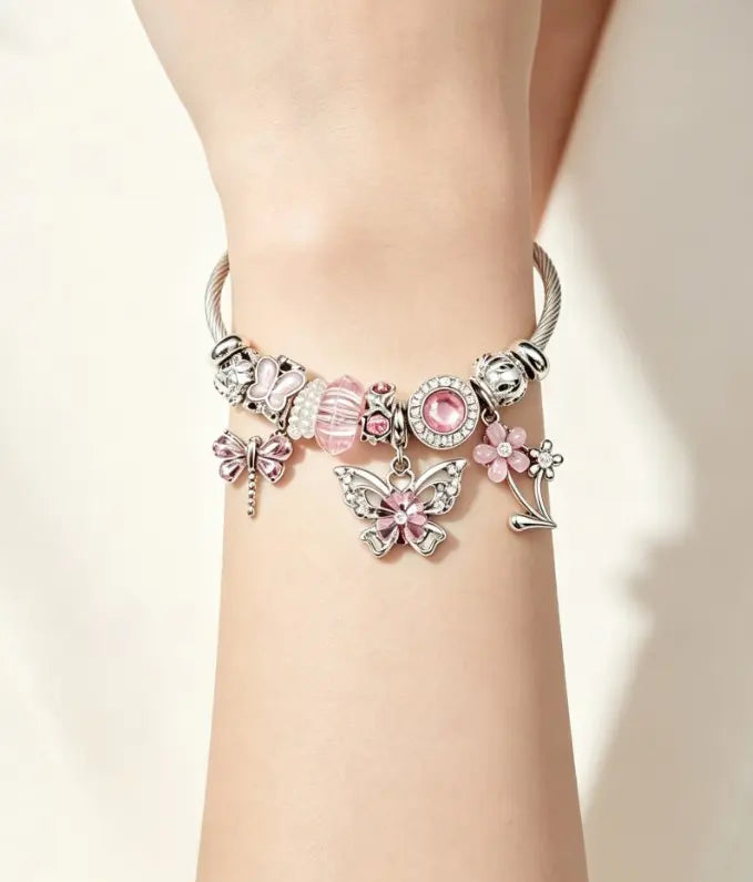 Silver Twisted Cable Open Bangle Bracelet, Pink Crystal Butterfly & Flower Charms Beaded Bracelet, Sweet Fashion Jewelry Gift for Women Teen Girls