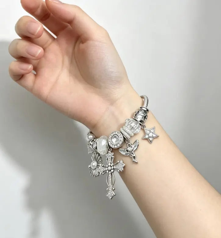 Silver Twisted Cable Open Bangle Bracelet, Rhinestone Cross Angel Daisy Pearl Star Heart Charms Beaded Bracelet, Vintage Elegant Jewelry Gift for Women Teen Girls