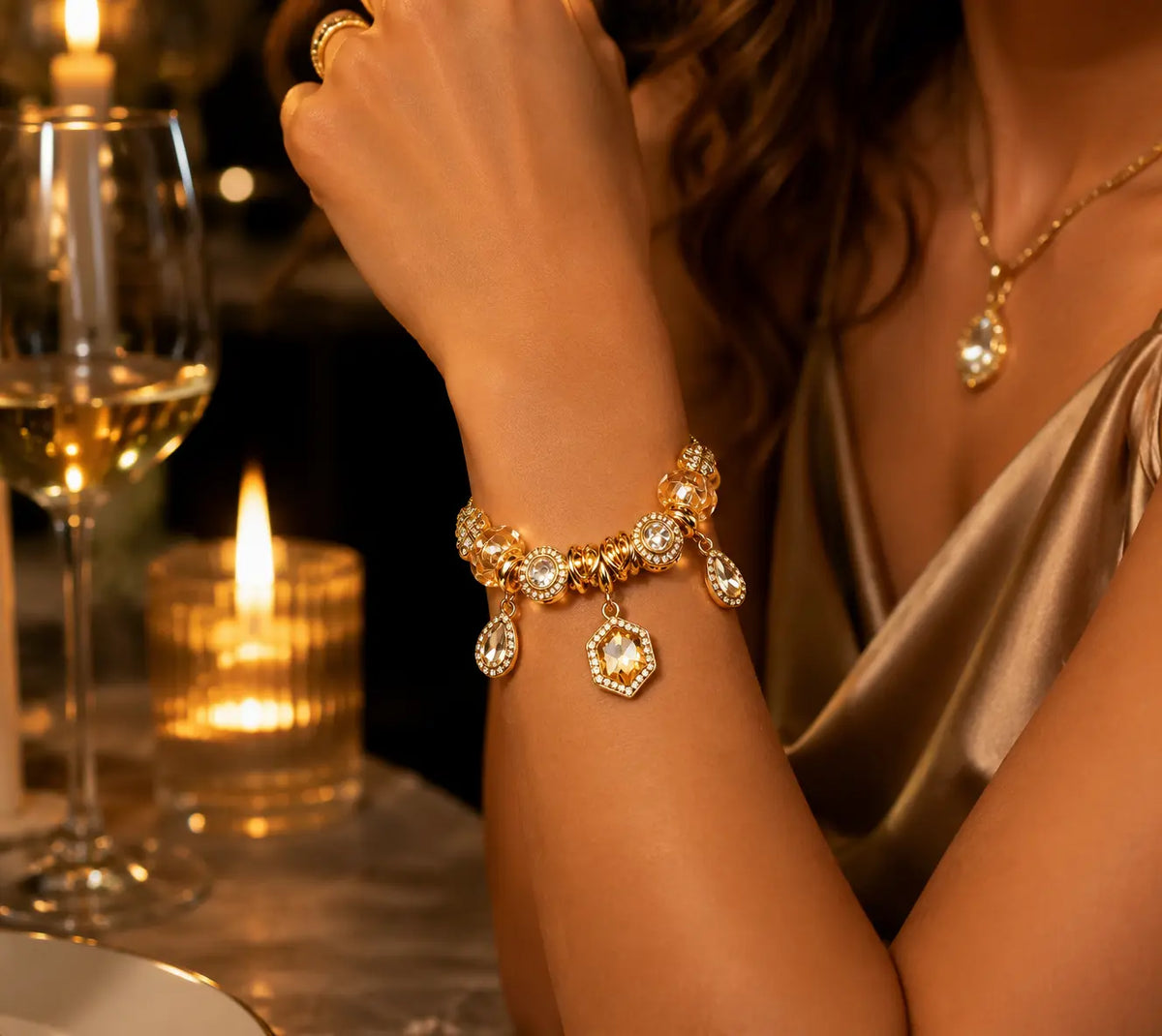 Luxury Champagne Gold Hexagon Charm Bracelet, Gold-Tone Snake Chain with Clover & Teardrop Zircon Beads, Adjustable Elegant Jewelry for Women