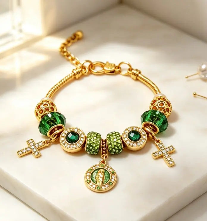 Tone Gold Snake Chain Charm Bracelet Emerald Green Crystal Rhinestone Cross Religious Medal Bracelet Women Prayer Jewelry Gift