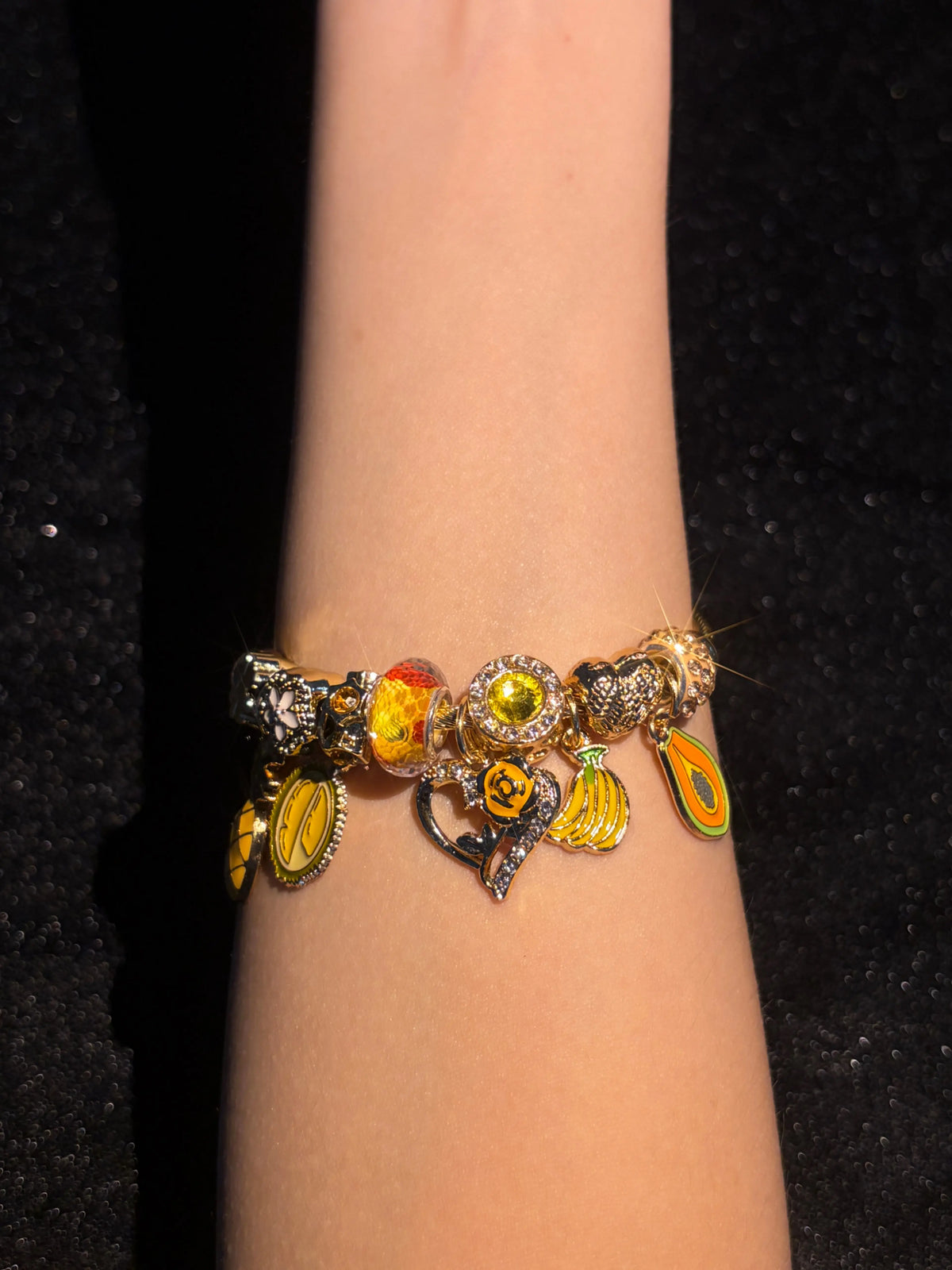 Women's Gold-Tone Adjustable Open Cuff Bracelet, Stackable Enamel Tropical Fruit Charm Bracelet with Pineapple Durian Avocado Heart Key Pendants, Rhinestone Beaded Layering Jewelry for Summer Beach, Birthday Holiday Gift for Teen Girls
