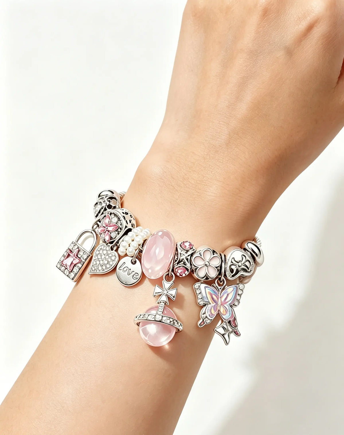 Dreamy Pink Crystal Butterfly Lock Bangle | Sweet Charm Bracelet, Romantic Girly Accessory