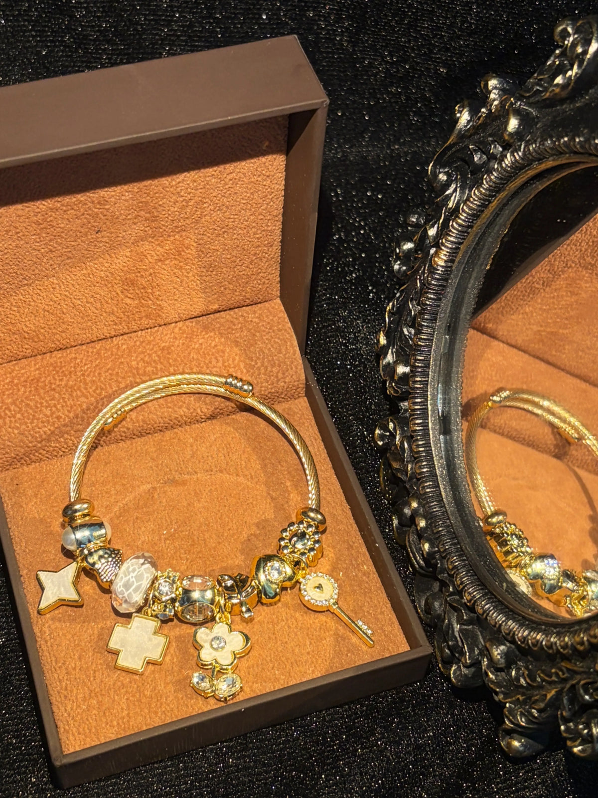 Gold-Tone Open Cuff Bangle Bracelet with Star, Cross, Flower, Key Multi-Charm Rhinestone Decor - Stackable Fashion Jewelry Gift for Women