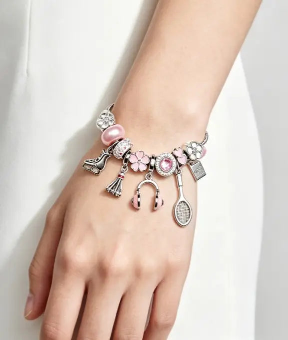 Pink Sports Theme Charm Bracelet with Gift Box, Adjustable Silver Snake Chain Bracelet with Skate, Racket, Headphone Charms, Jewelry Gift for Women Girls
