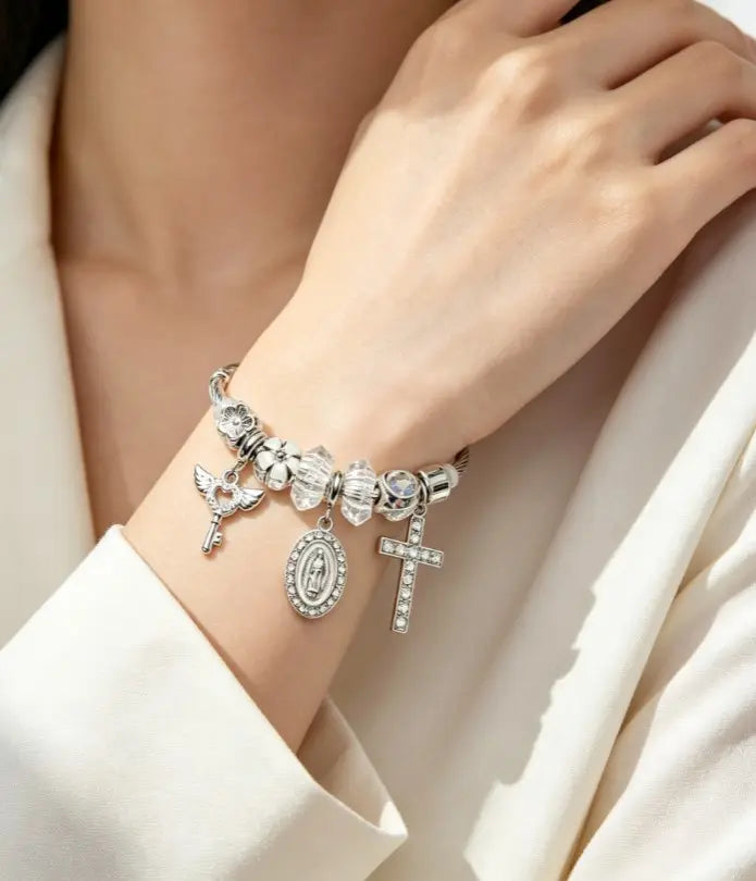 Tone Silver Snake Chain Charm Bracelet Rhinestone Cross Saint Medal Wing Key Clear Crystal Floral Bead Religious Women Jewelry Gift