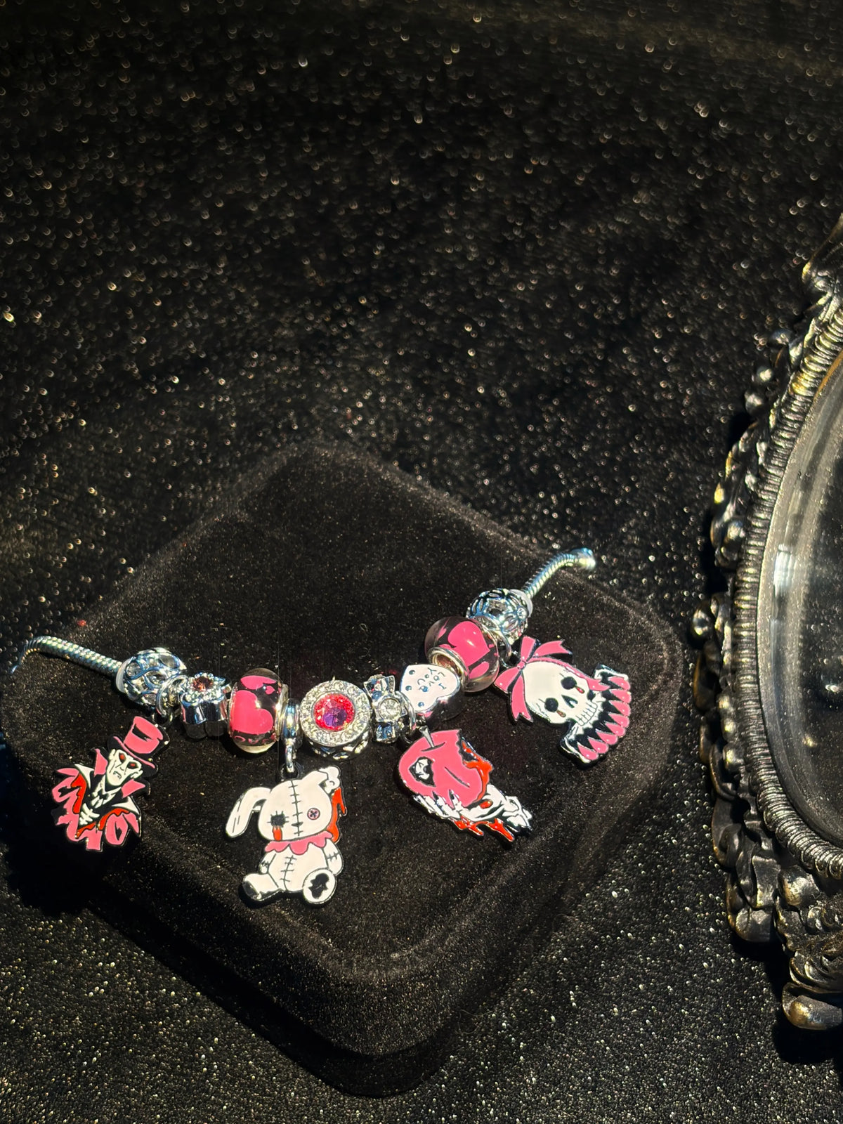 Silver Tone Festival Charm Bracelet - Gothic Cute Dangle Pendants, Stitched Rabbit & Skull Charms, Pink-Black Murano Glass Beads, Shiny Rhinestone Spacer Beads, Adjustable Snake Chain, Y2K Trendy Jewelry for Halloween Party Cosplay