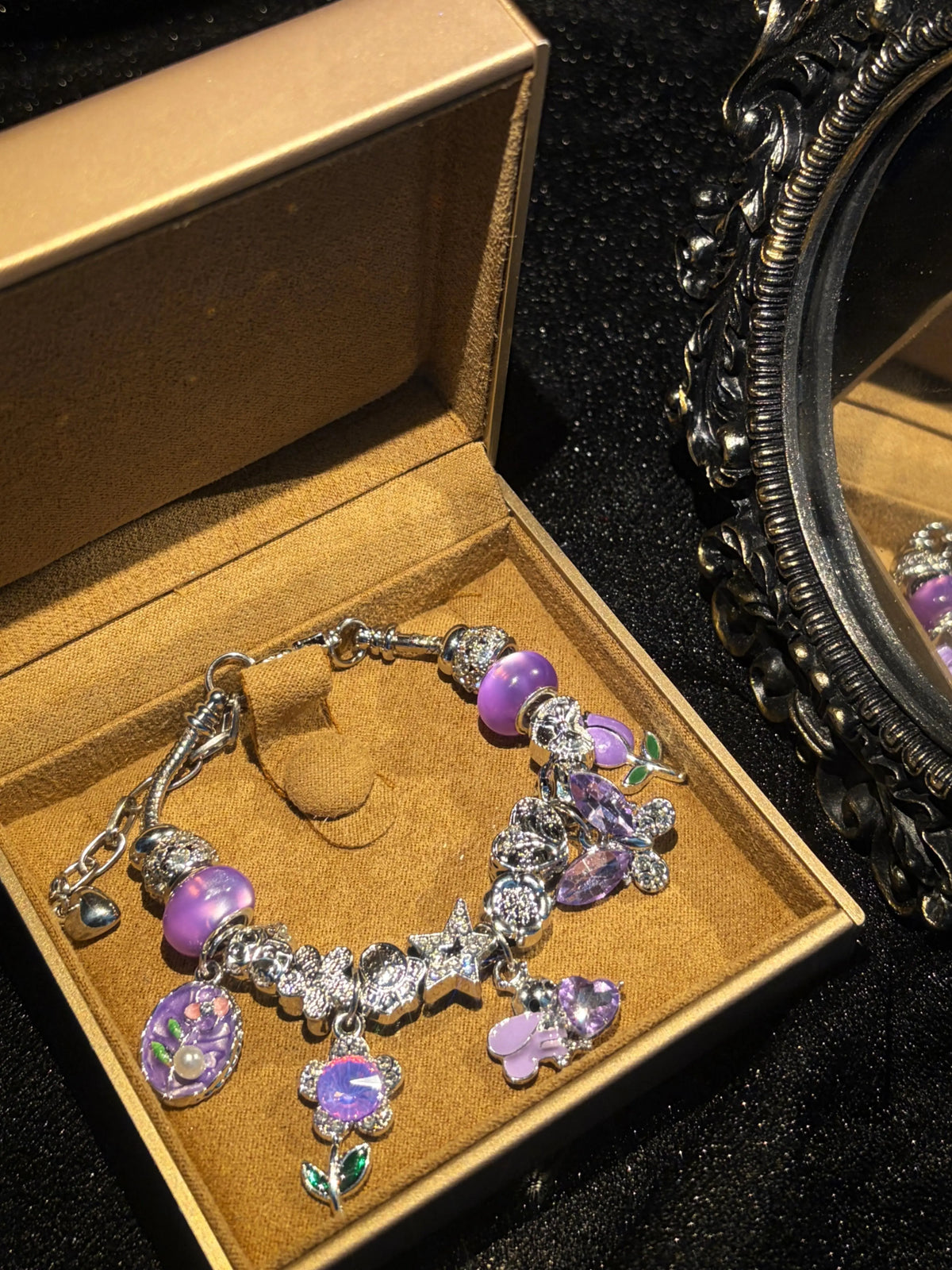 Purple Butterfly Star Charm Bracelet, Sparkling Rhinestone Beaded Snake Chain Bracelet, Dainty Dangle Charm Jewelry Gift for Women Teen Girls