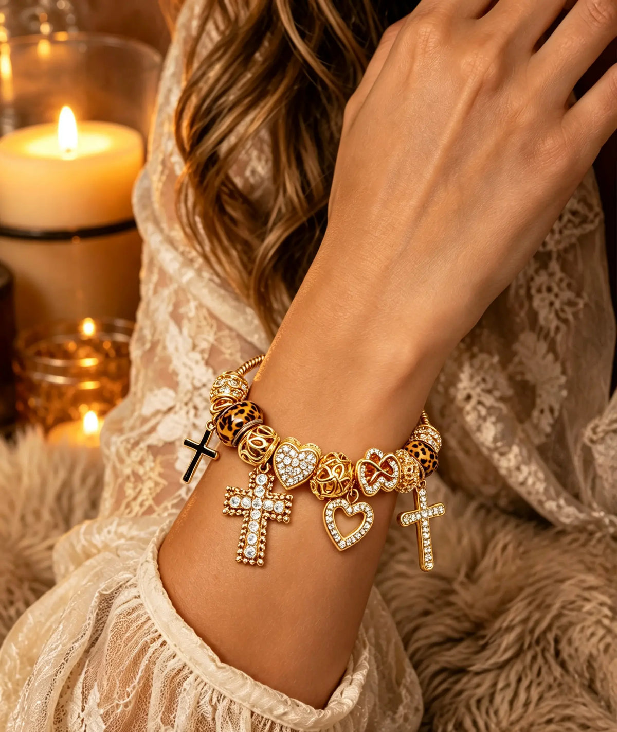 Gold Plated Leopard Print Bead Charm Bracelet, Cross & Heart Crystal Dangle Snake Chain Bracelet, Vintage Luxury Stackable Jewelry Gift for Women