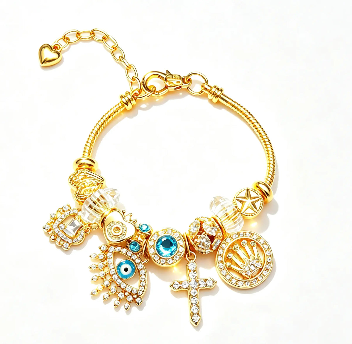 Gold Tone Charm Bracelet for Women, Blue Evil Eye Cross Star Lucky Charms Bracelet, Crystal Statement Jewelry Gift for Her