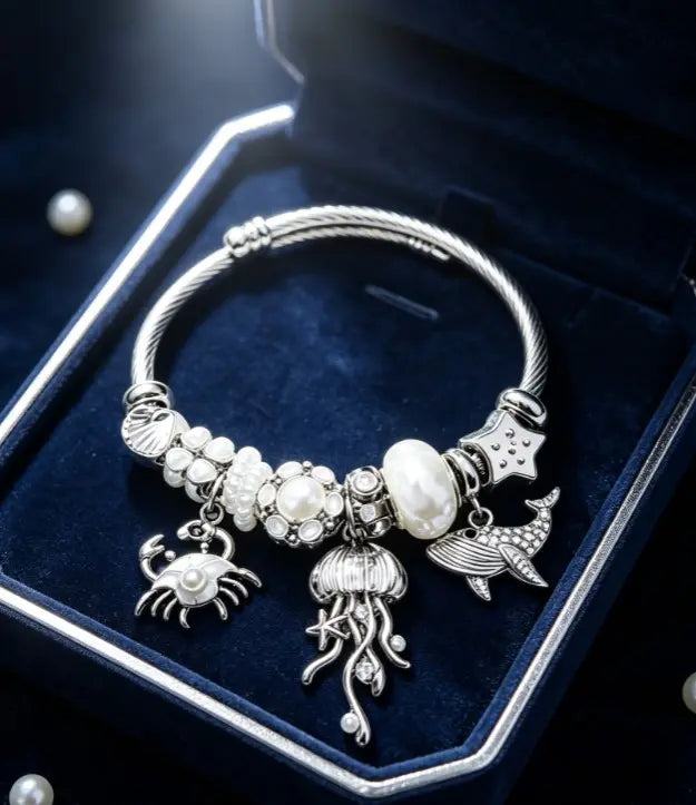 Ocean Pearl Silver Bangle Bracelet, Jellyfish Crab Whale Starfish Charm Twist Cable Bracelet, Summer Beach Sea Animal Bead Jewelry Gift for Women