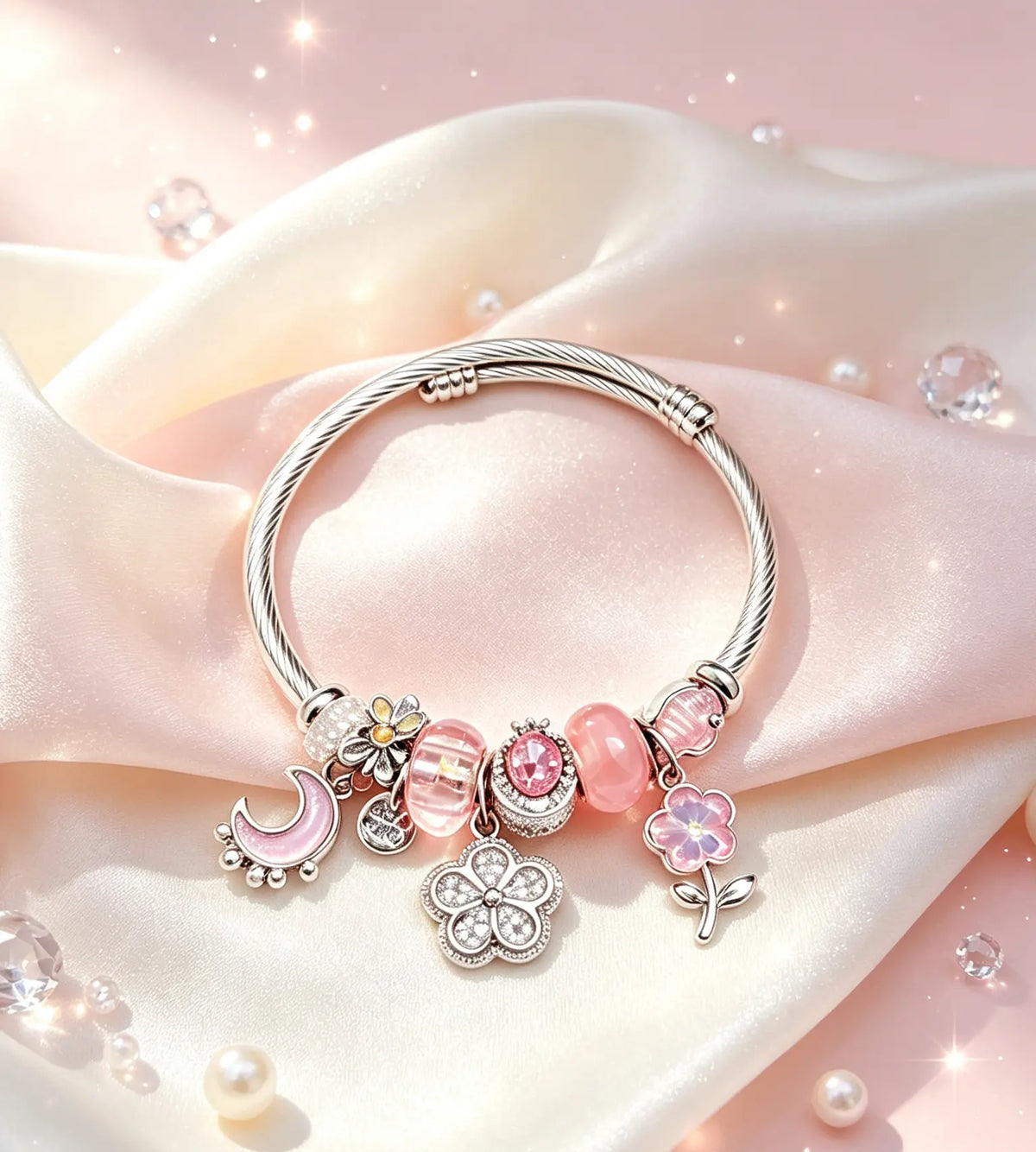 Pink Charm Bangle Bracelet for Women, Adjustable Silver Twisted Cable Wire Cuff with Moon, Clover, Flower Enamel Rhinestone Charms, Transparent Pink Murano Glass Beads Stackable Jewelry Gift for Teen Girls