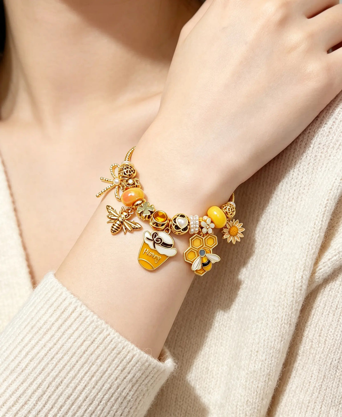 Honey Bee Charm Bracelet, Gold Tone Floral Honeycomb Bangle with Beaded Charms, Nature Inspired Fashion Jewelry Gift for Women