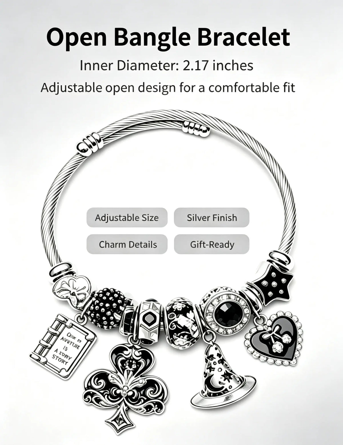 Open Adjustable Wire Bangle Bracelet, Magic Wizard Hat Clover Book Heart Star Charms Beads Silver Tone Bracelet, Fashion Jewelry Gift for Women Girls