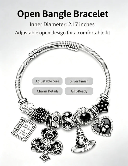 Open Adjustable Wire Bangle Bracelet, Magic Wizard Hat Clover Book Heart Star Charms Beads Silver Tone Bracelet, Fashion Jewelry Gift for Women Girls