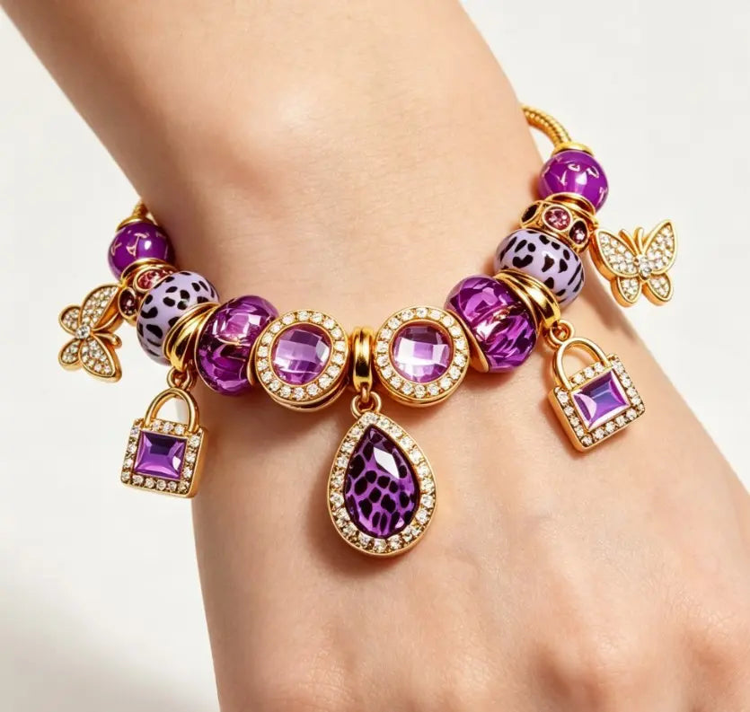 Purple Leopard Crystal Charm Bracelet for Women, Gold Plated Butterfly Lock Teardrop Amethyst Beaded Snake Chain Bracelet, Elegant Jewelry Gift for Birthday Anniversary