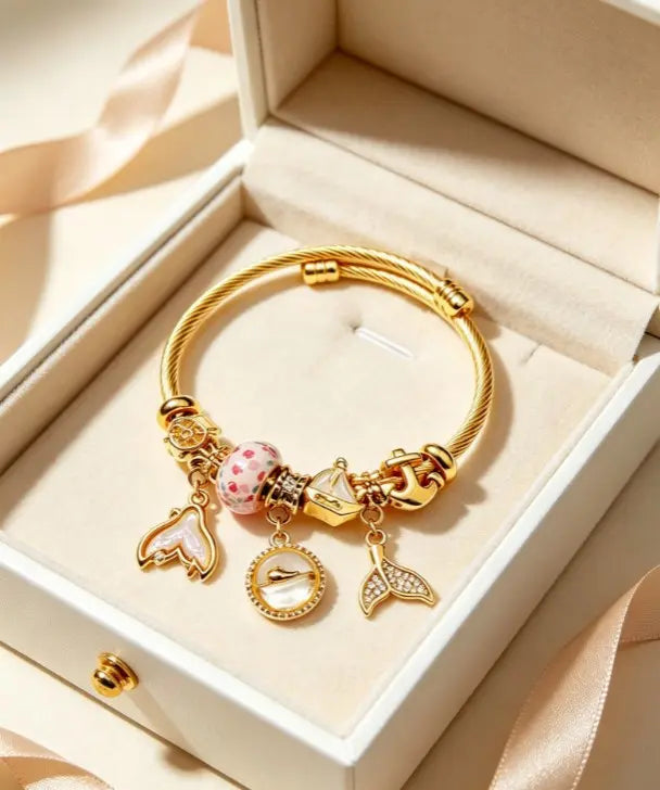 Ocean Mermaid Gold Cable Bangle Bracelet, Pink Floral Glass Bead with Sailboat & Mermaid Tail Charms, Luxury Beaded Jewelry Gift for Women