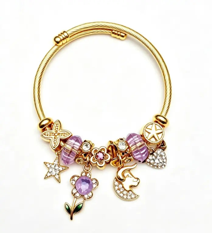 Purple Crystal Gold Charm Bangle, Adjustable Wire Bracelet with Star Floral Bull Moon Winged Heart Pendants, Jewelry Gift for Women